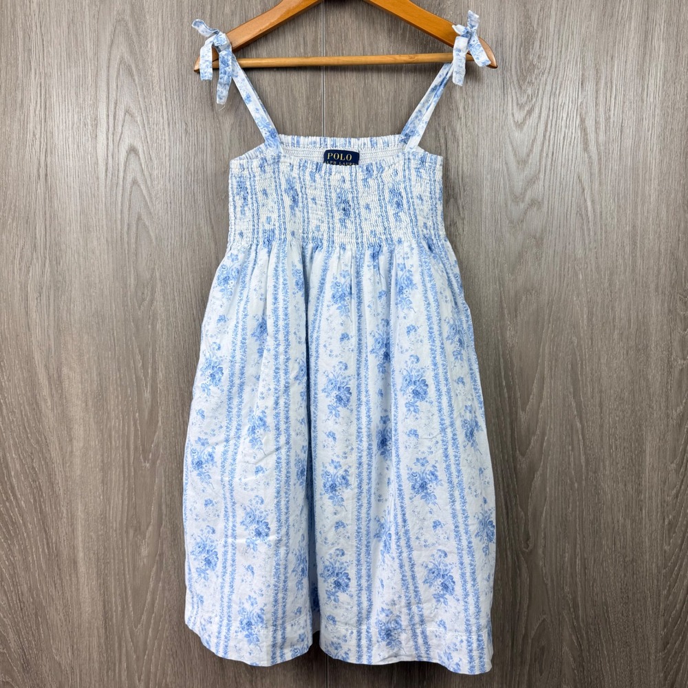 Polo Ralph Lauren Floral Smocked Dress Girls 6X Blue White Cottagecore Preppy
